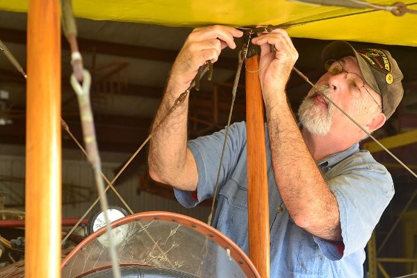 Safety-wiring turnbuckles on the Curtiss Canuck