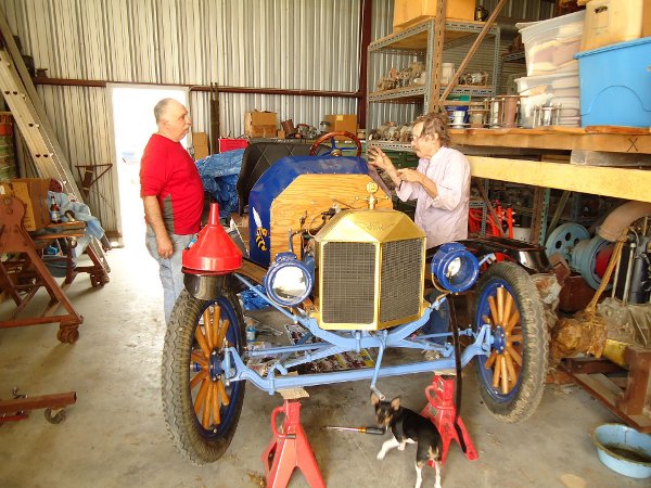 Working on the blue Model T Speedster