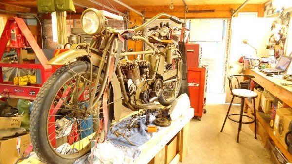 Indian motorcycle on workbench
